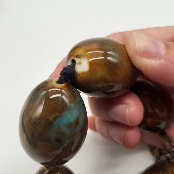 VTG Ceramic Heavy Bead Necklace Brown Turquoise Boho Statement - Picture 5 of 8